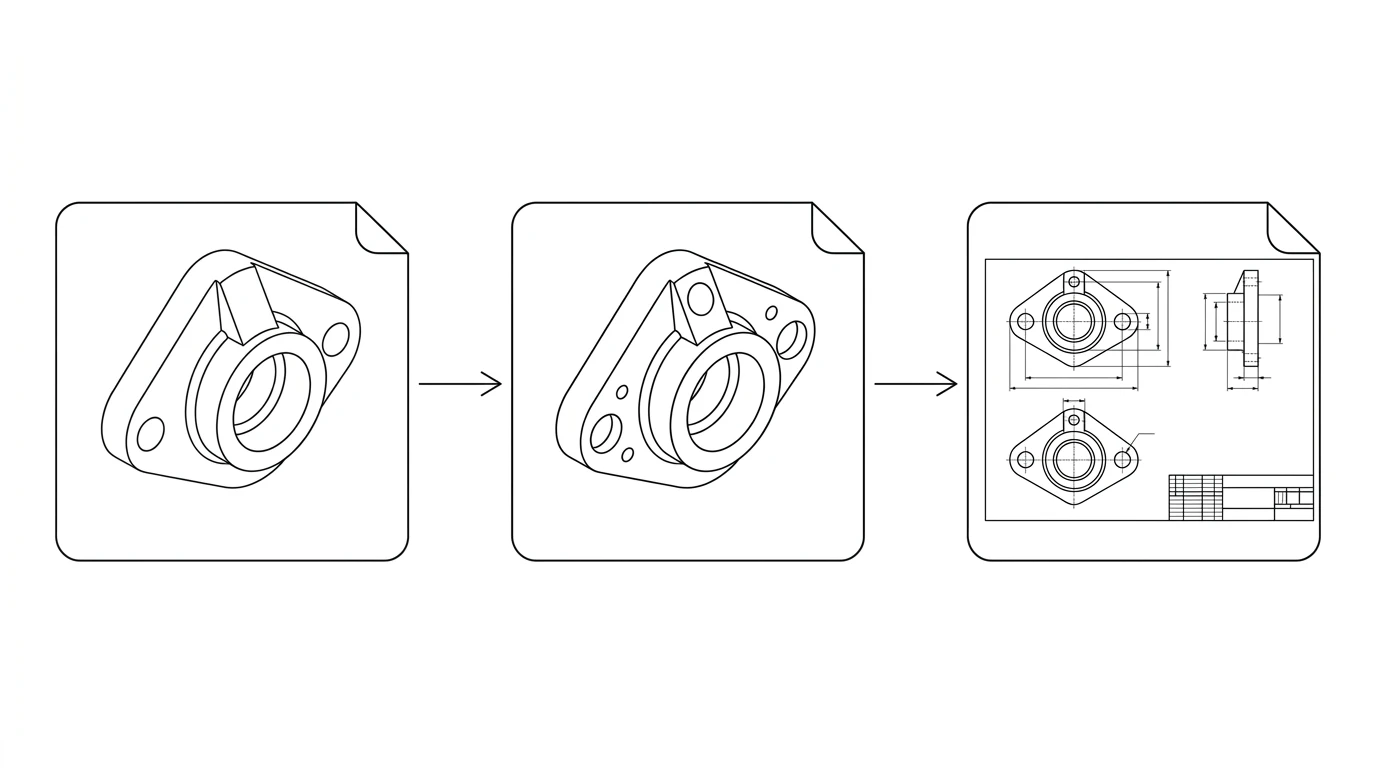 A photo of a flange becomes a traced vector outline, then a fully dimensioned technical drawing