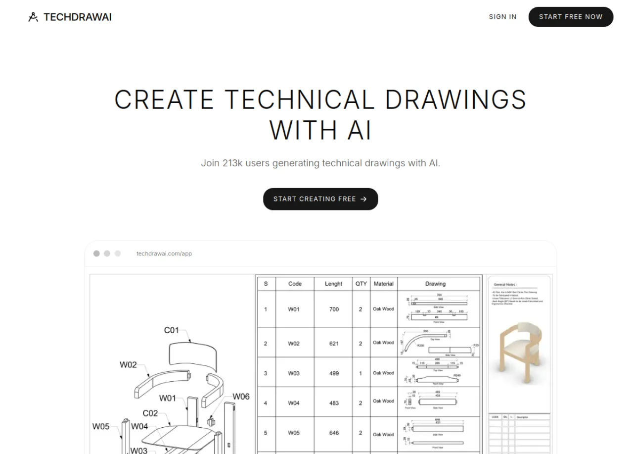 TechDraw AI landing page: turn a photo into a dimensioned technical drawing and export to DXF