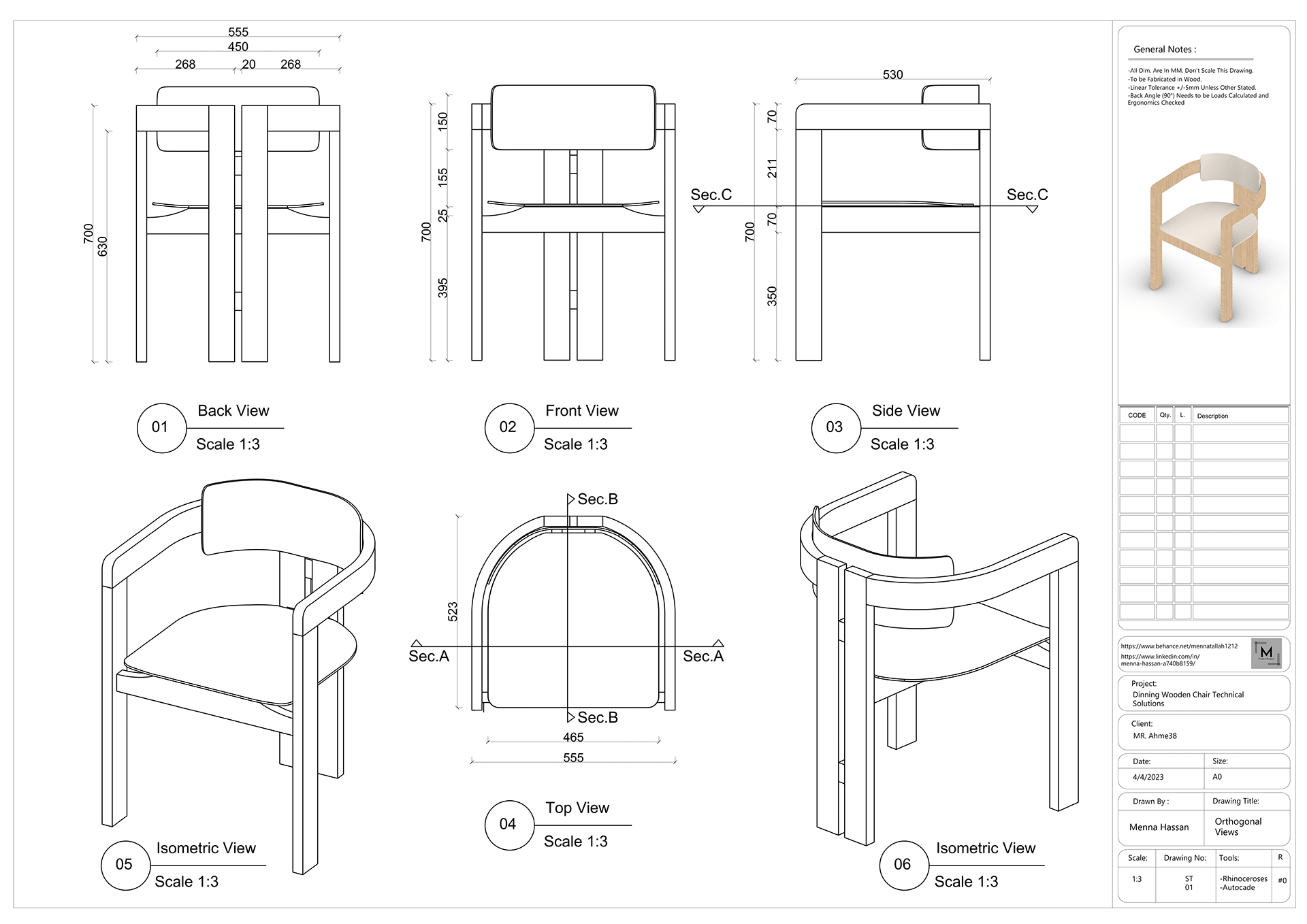 AI-generated technical drawing of a wooden chair with orthogonal and isometric views