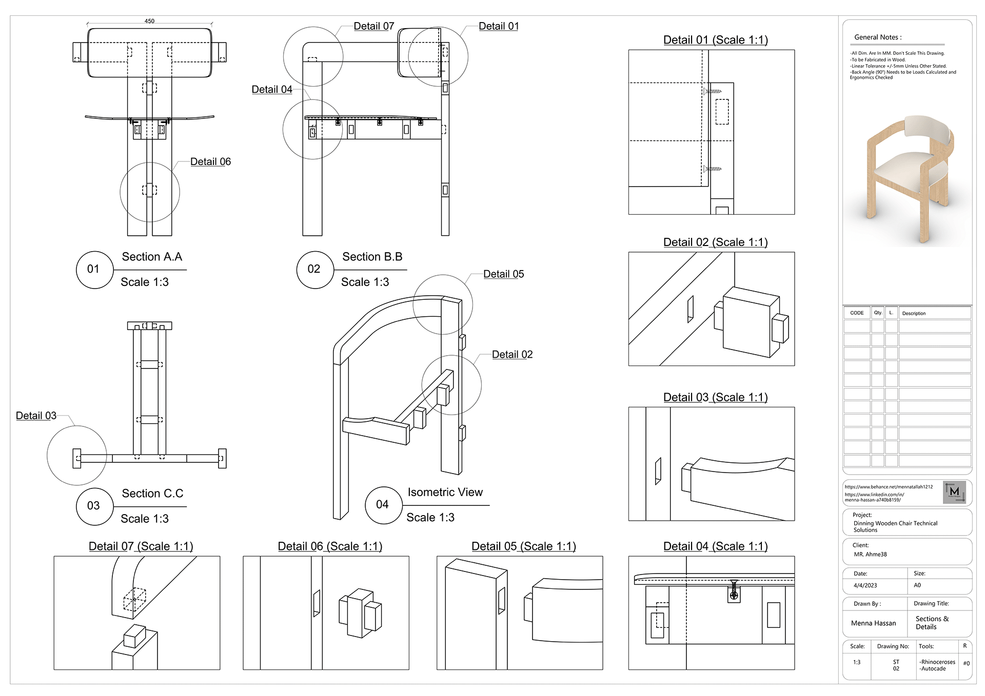 AI-generated technical drawing of a wooden chair with sections and details