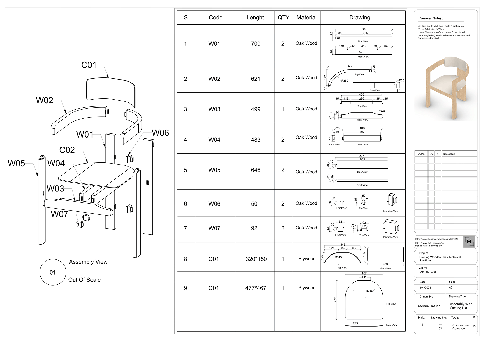 AI-generated technical drawing of a wooden chair with assembly view and cutting list
