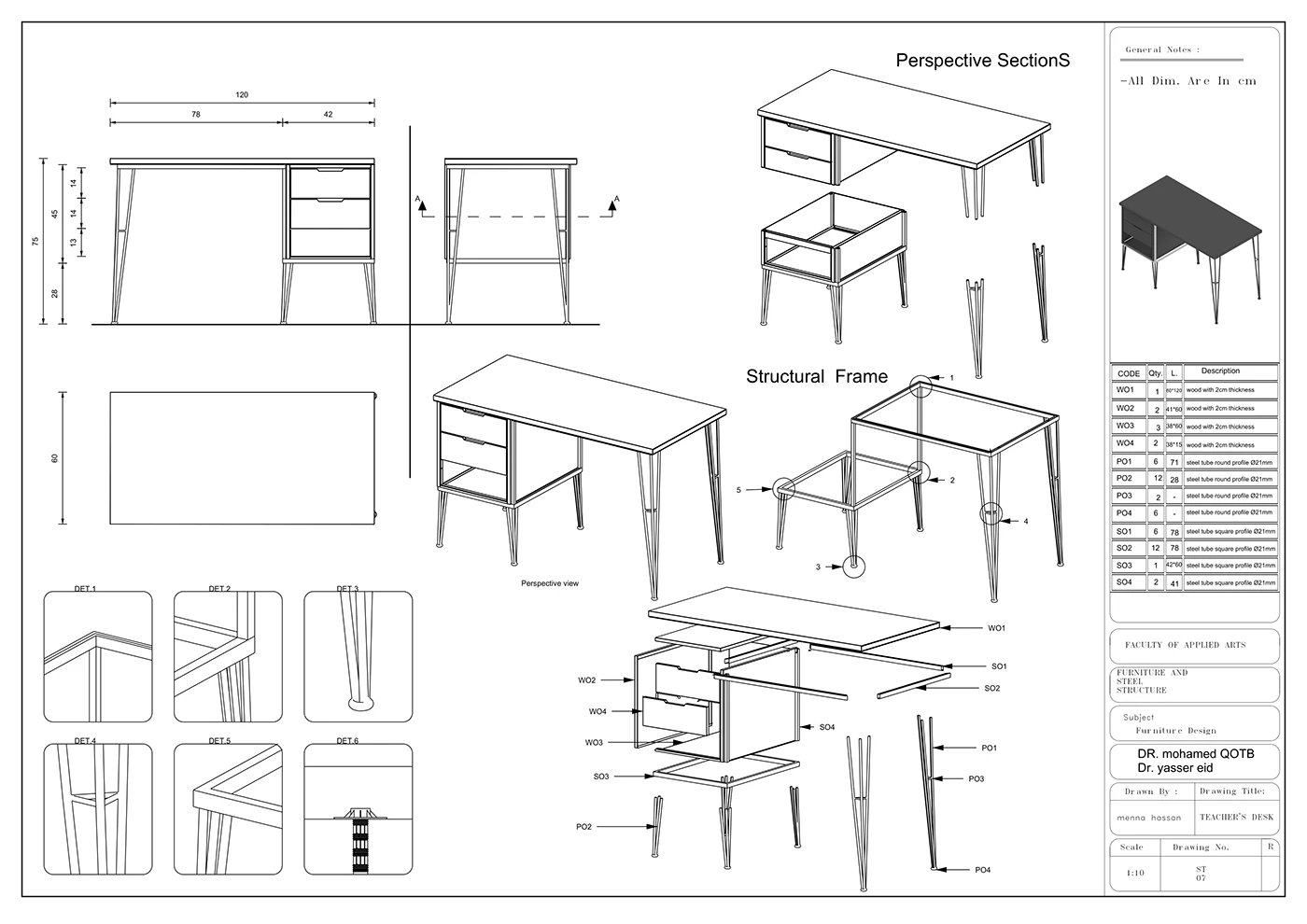 Generated technical drawing of a desk with dimensions and views