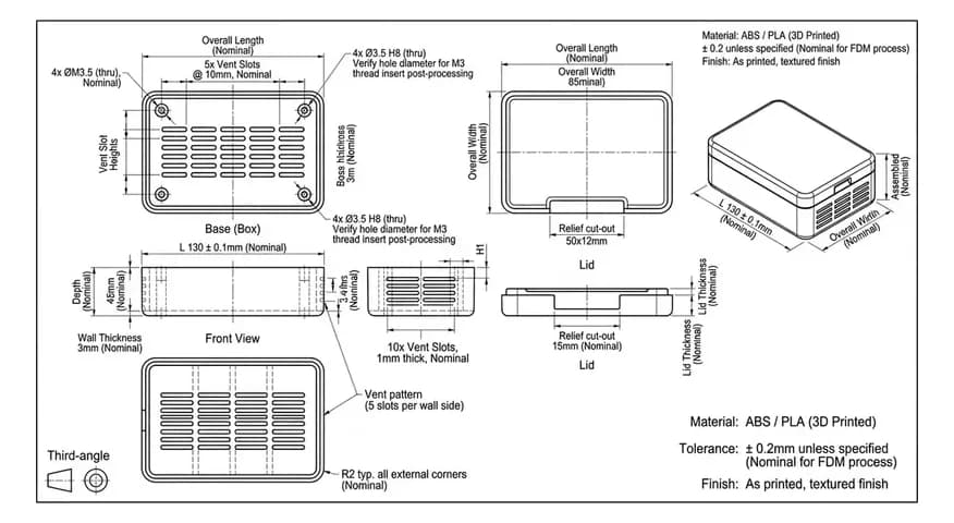 The dimensioned drawing of the printed enclosure