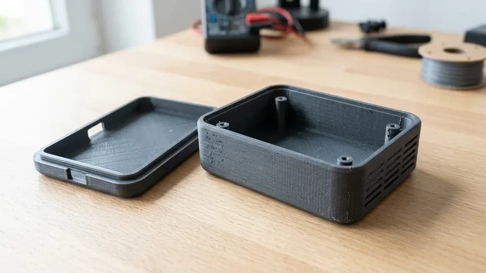 A two-part 3D printed electronics enclosure on a workbench