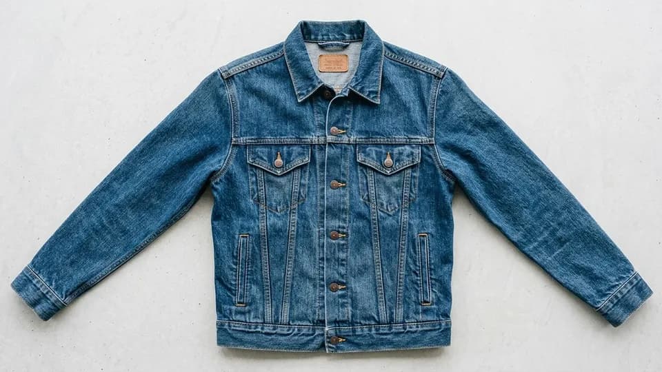 A denim trucker jacket laid flat to be photographed