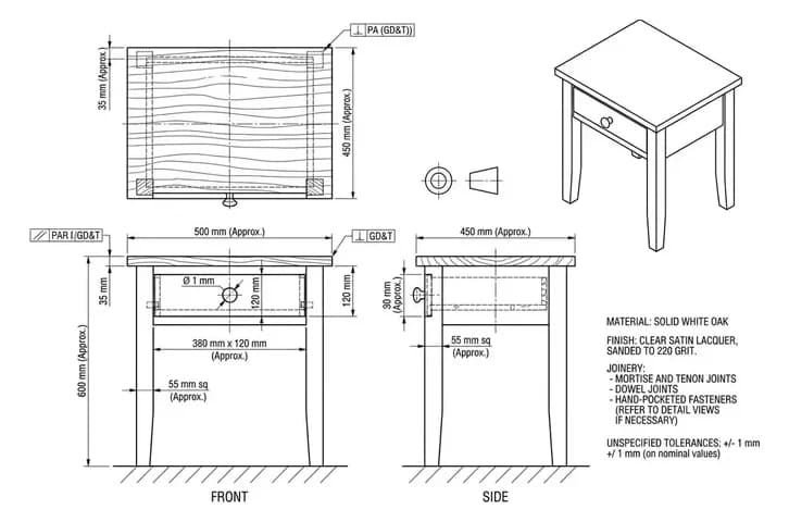 The dimensioned furniture shop drawing made from that photo