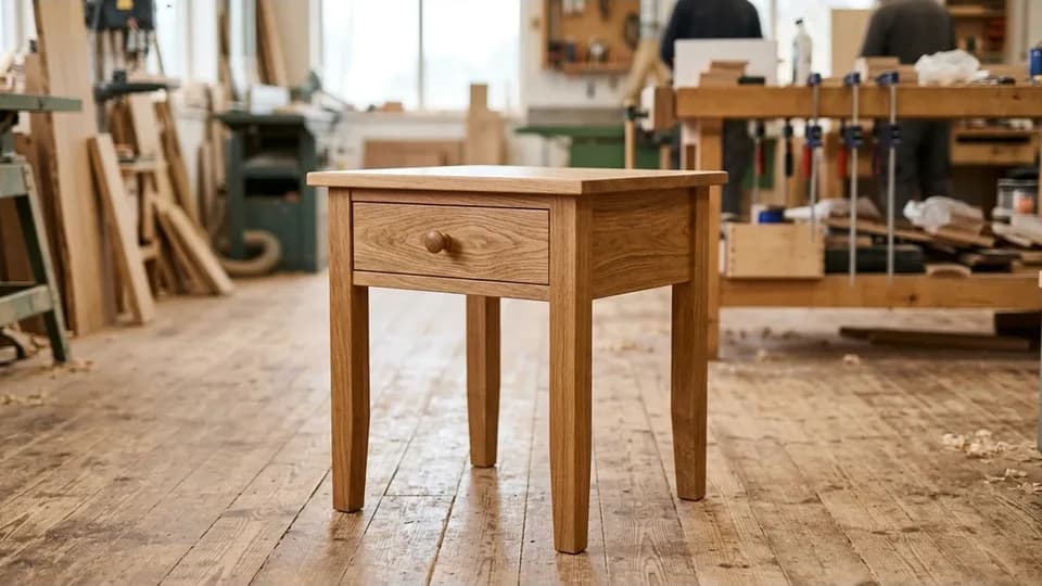A solid oak side table with a drawer, photographed in a workshop