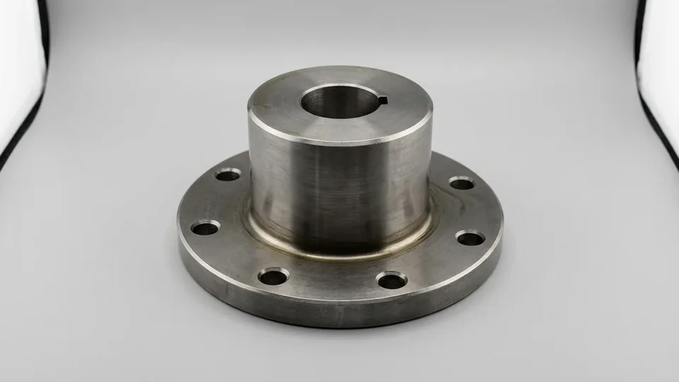 A machined steel flanged hub photographed on a plain background