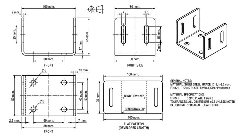 The sheet metal drawing and flat pattern made from that photo