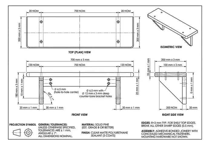 The dimensioned woodworking plan made from that photo