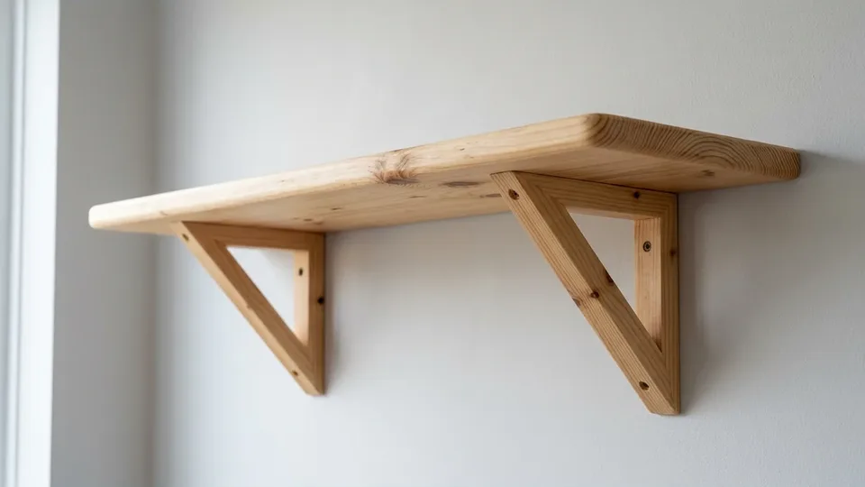 A pine wall shelf on angled brackets, mounted on a wall